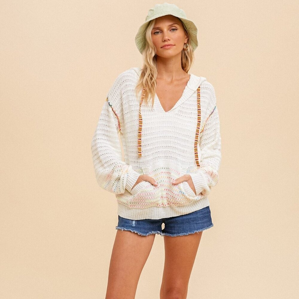 Hem & Thread White Knit Hoodie with Multicolor Accents